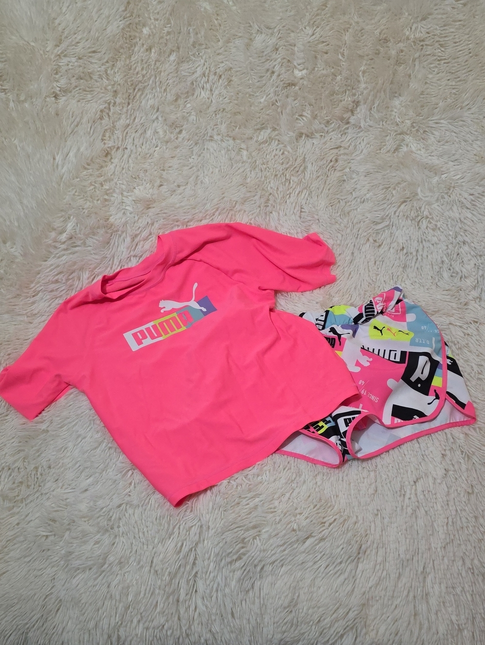Puma Pink Girls Logo Rash Guard and Printed Swim Shorts